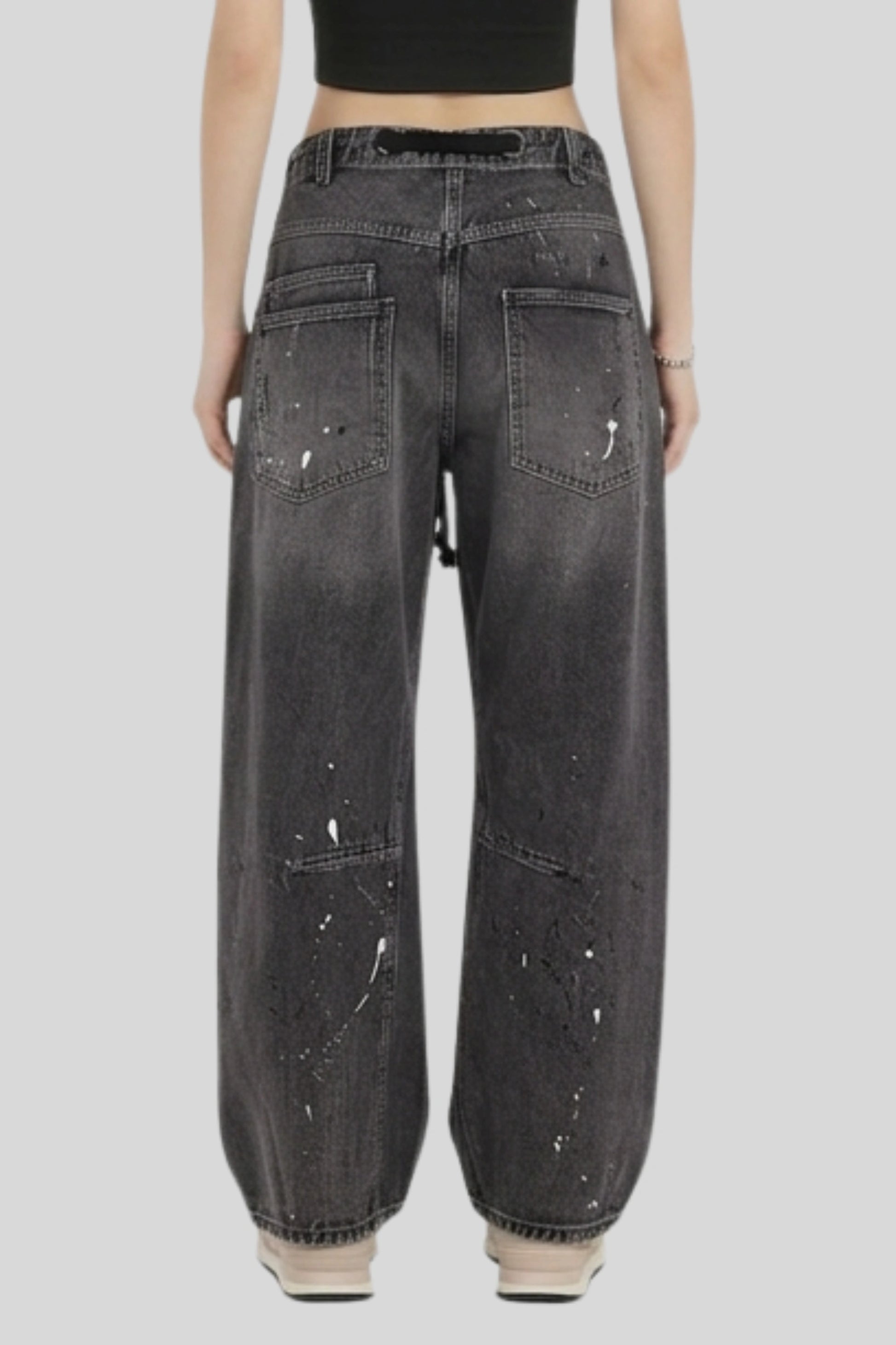 Alzya Patchwork Drawstring Cargo denim jean Pants Smoked Black
