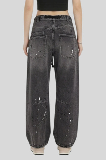 Alzya Patchwork Drawstring Cargo denim jean Pants Smoked Black