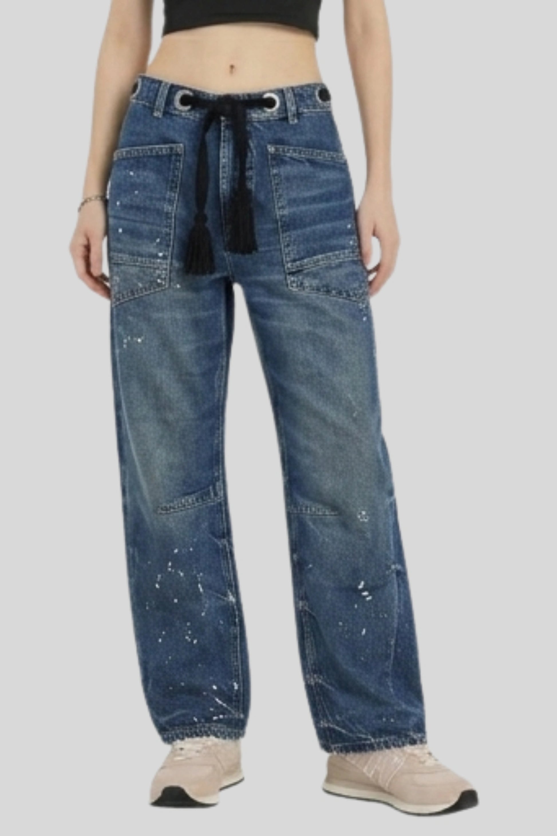 Alzya Patchwork Drawstring Cargo denim jean Pants Timeless Blue