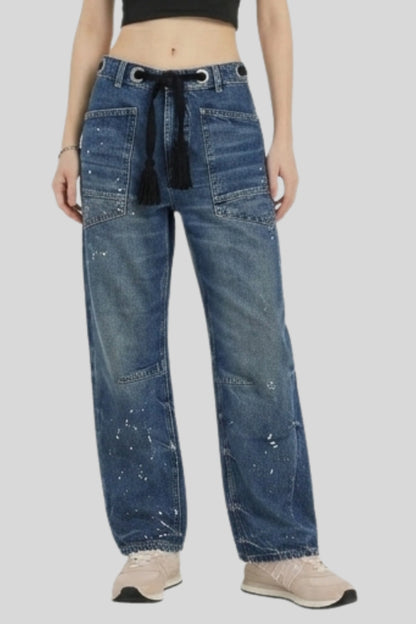 Alzya Patchwork Drawstring Cargo denim jean Pants Timeless Blue