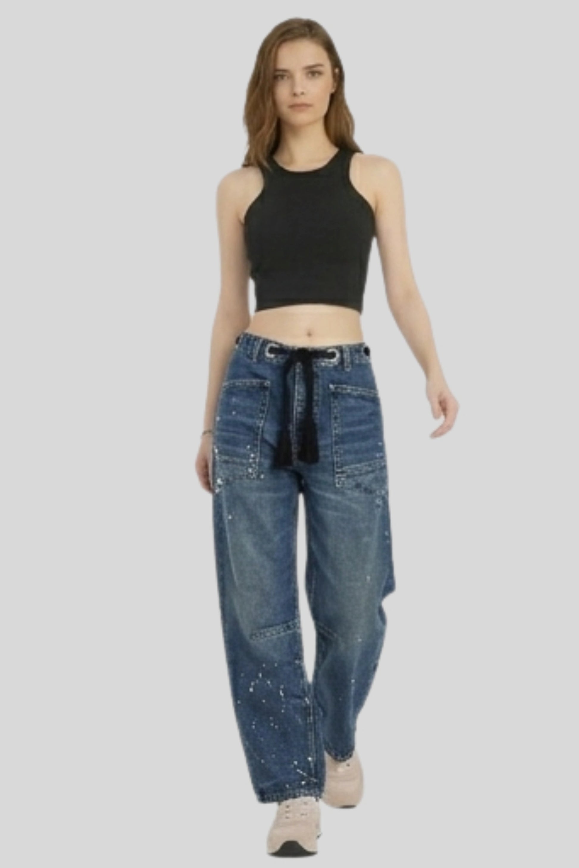 Alzya Patchwork Drawstring Cargo denim jean Pants Timeless Blue dark
