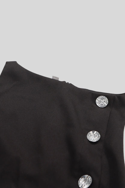 Peplum Sleeveless Top with Decorative Buttons Black