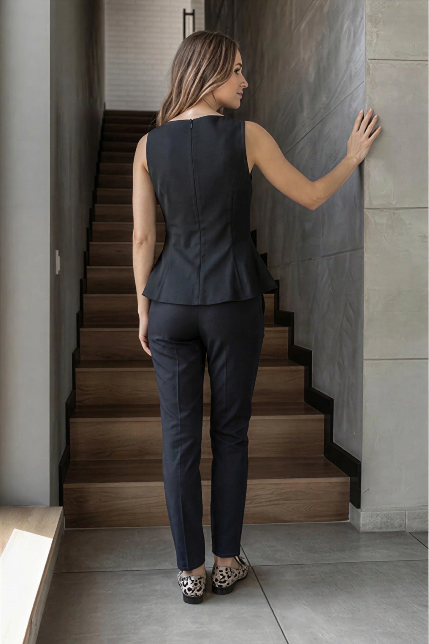 Peplum Sleeveless Top with Decorative Buttons Black