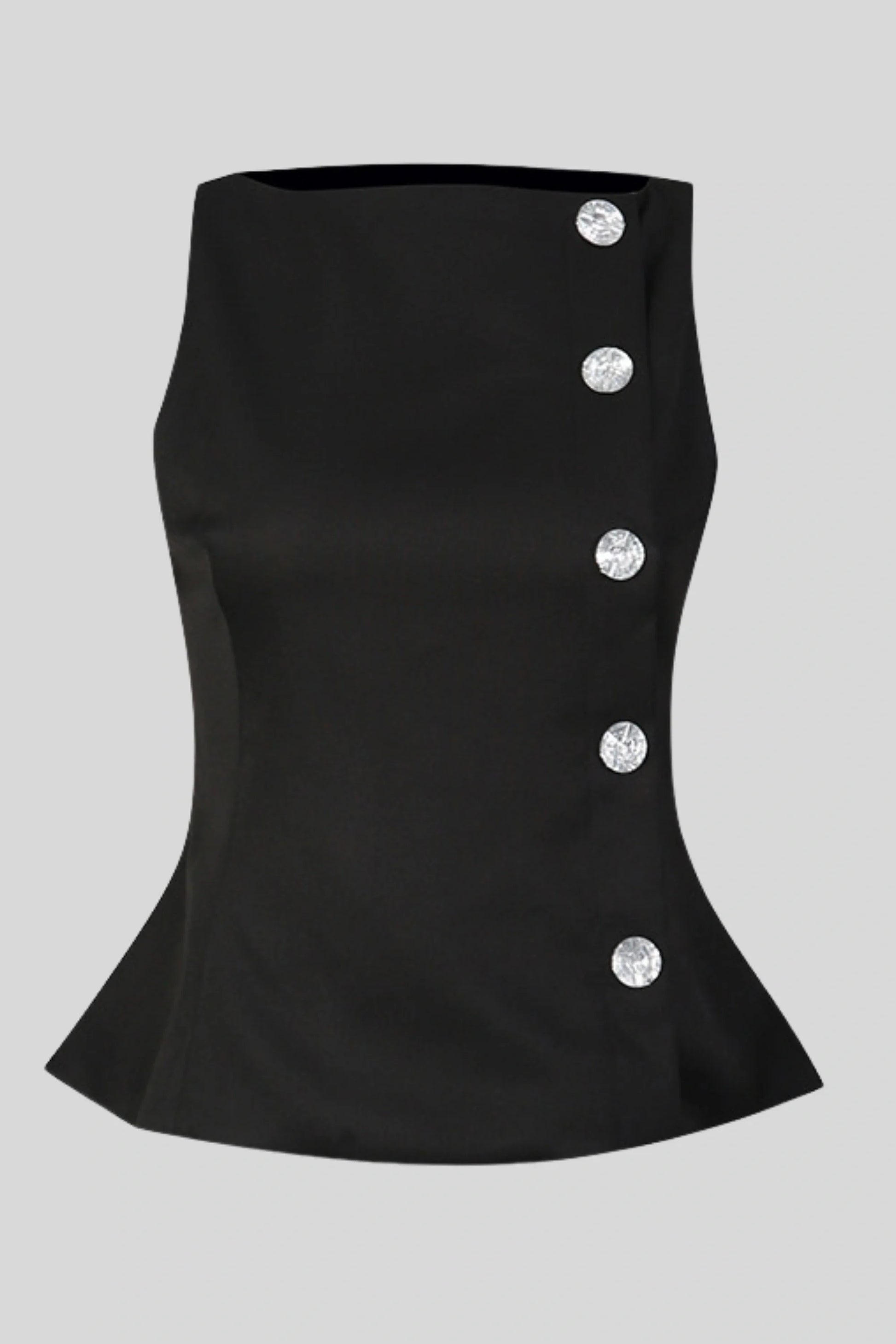 Peplum Sleeveless Top with Decorative Buttons Black