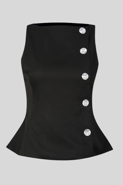 Peplum Sleeveless Top with Decorative Buttons Black