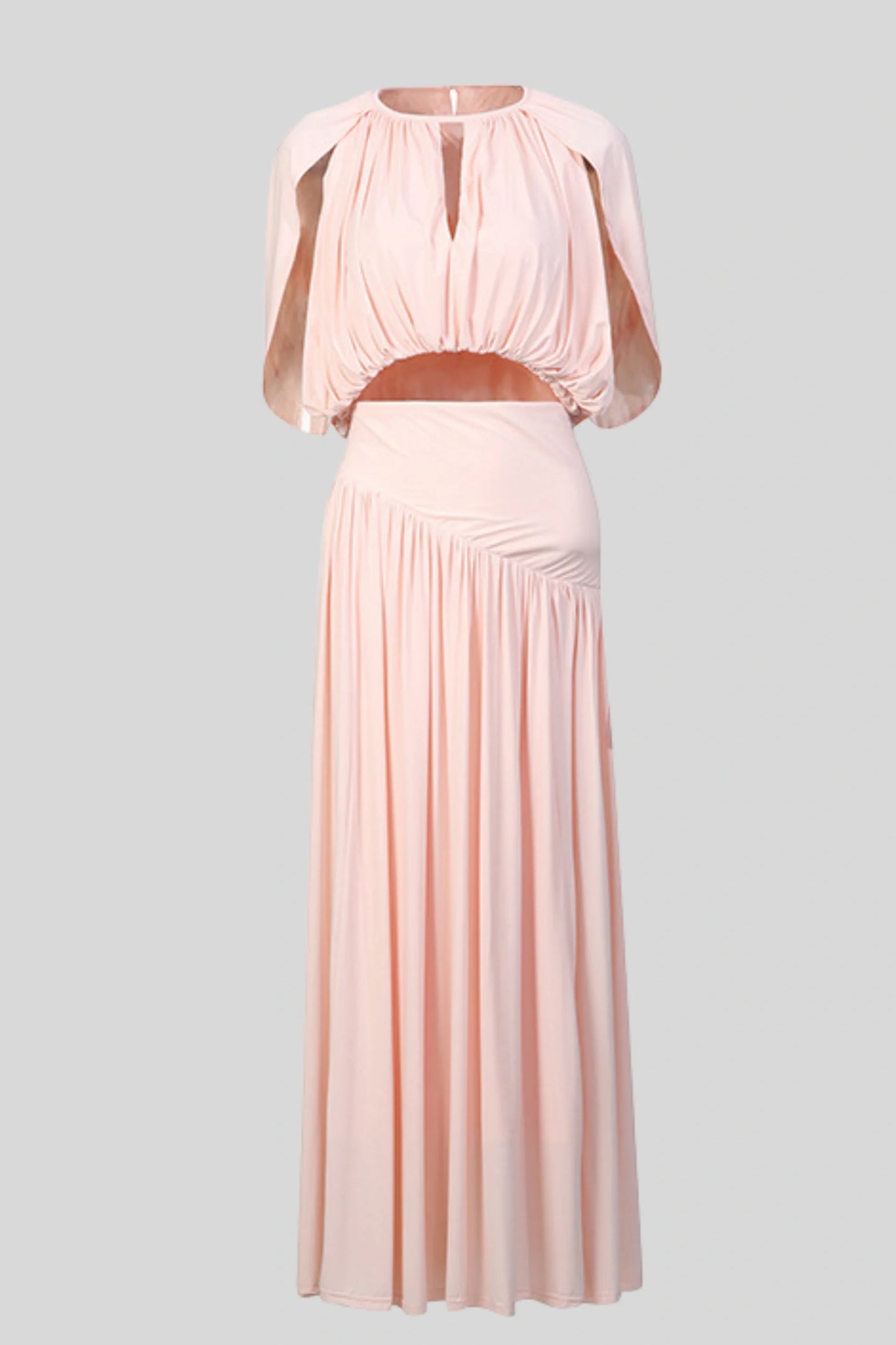 Pleated Skirt Set with Cape Sleeve Top Pink