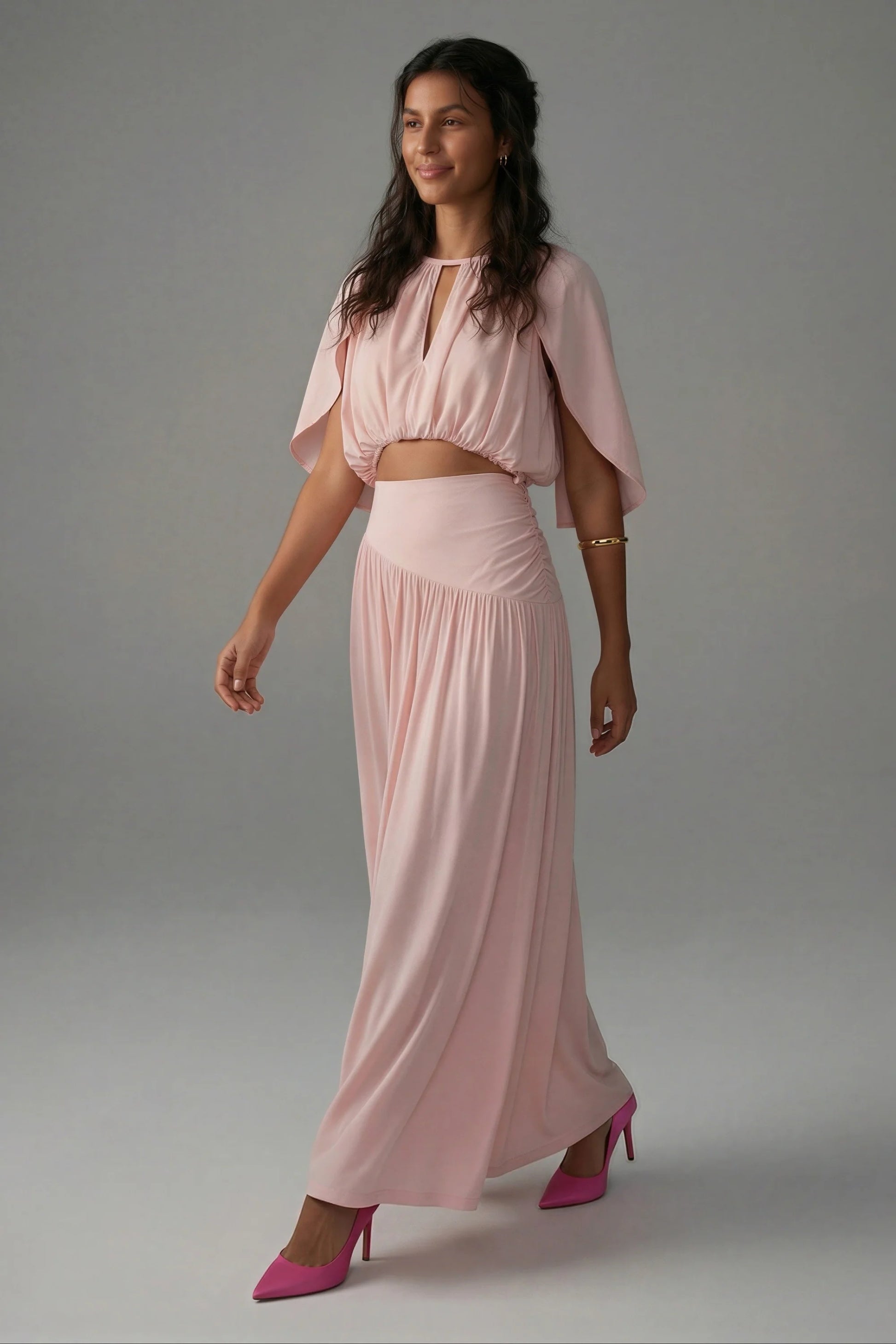 Pleated Skirt Set with Cape Sleeve Top Pink