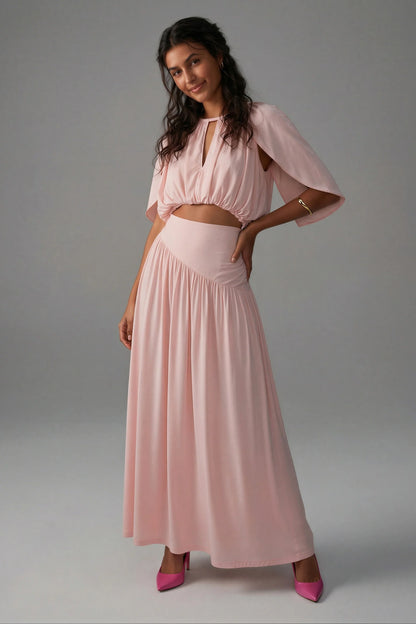 Pleated Skirt Set with Cape Sleeve Top Pink