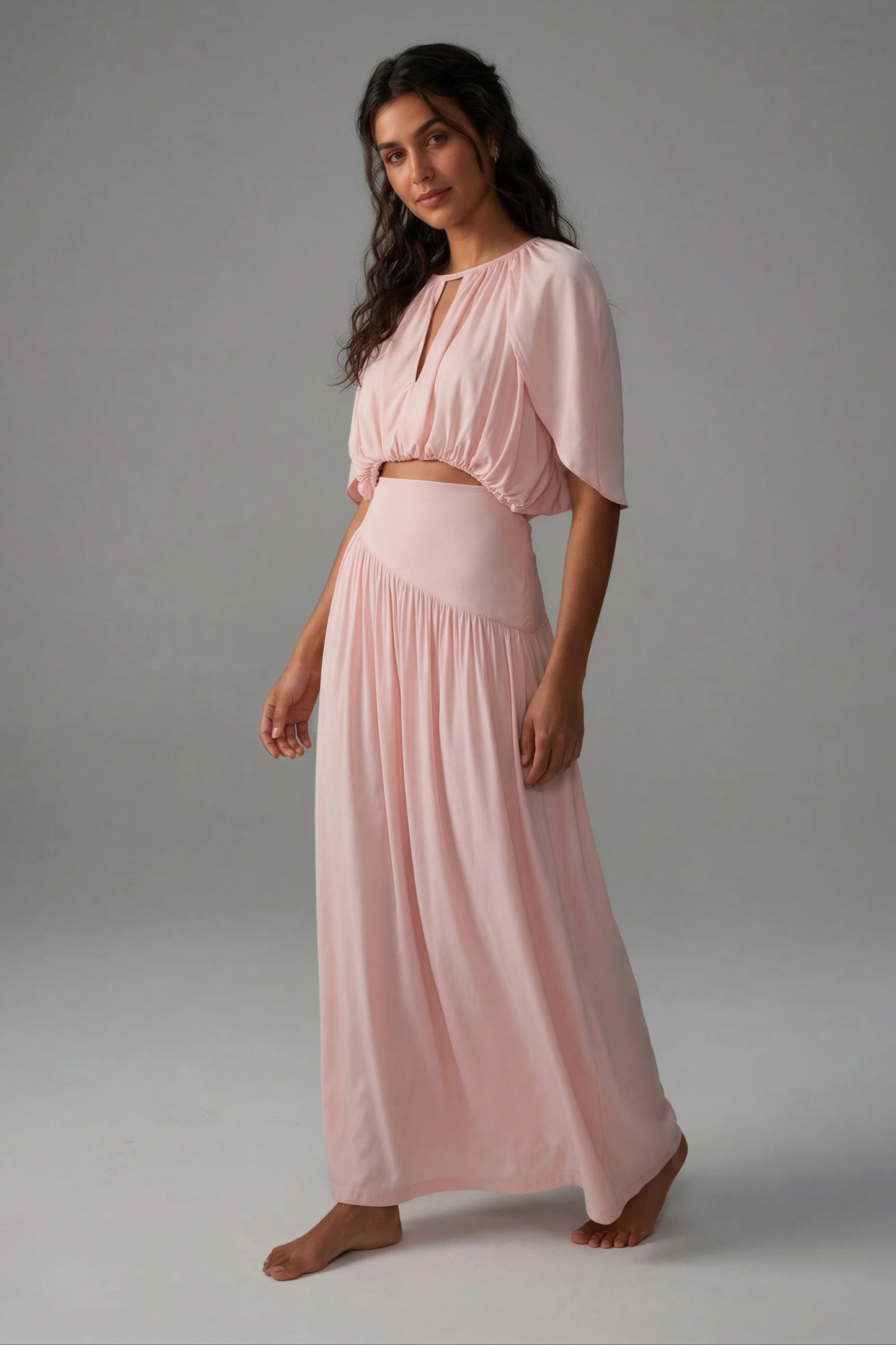 Pleated Skirt Set with Cape Sleeve Top Pink