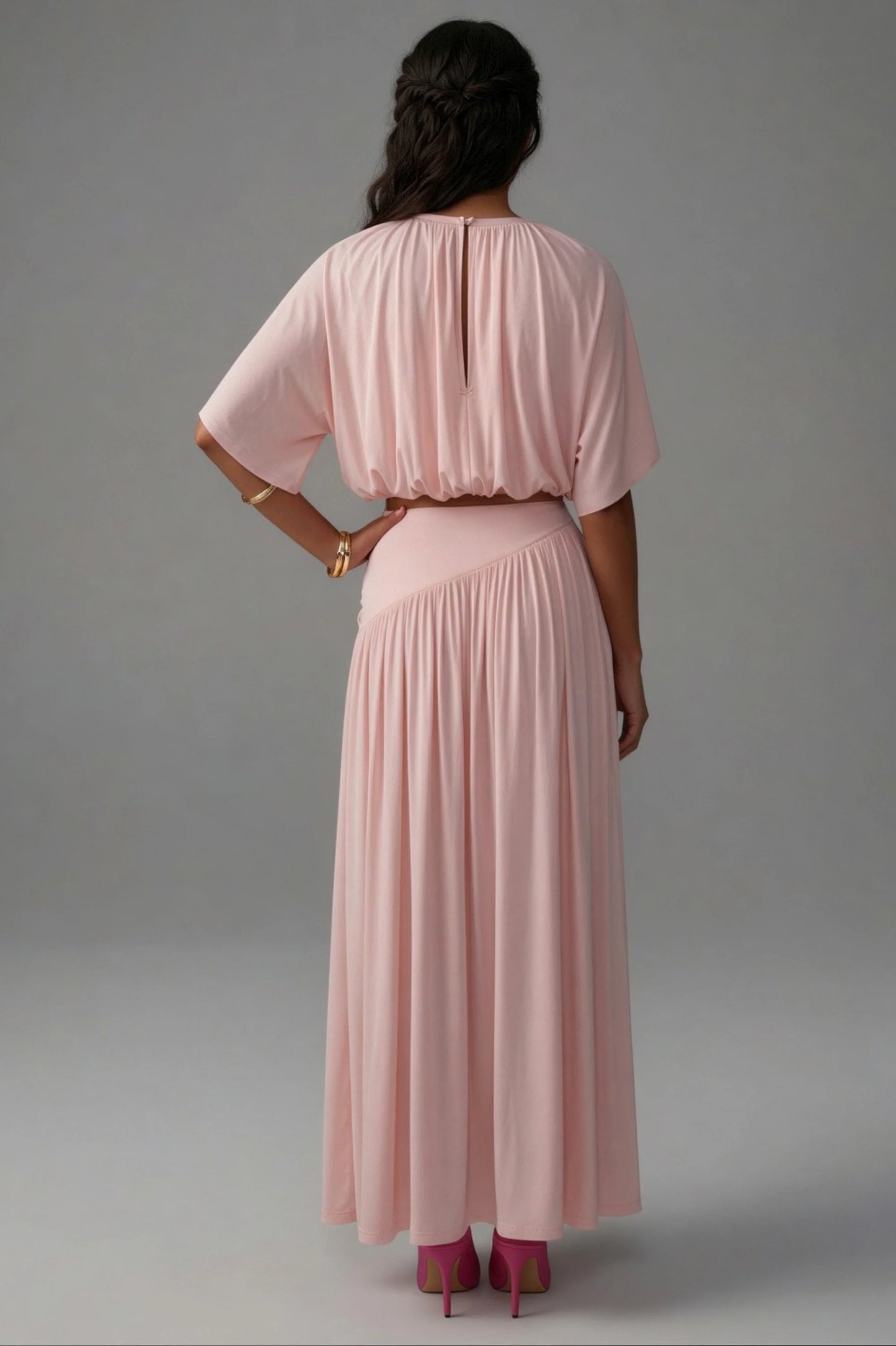 Pleated Skirt Set with Cape Sleeve Top Pink