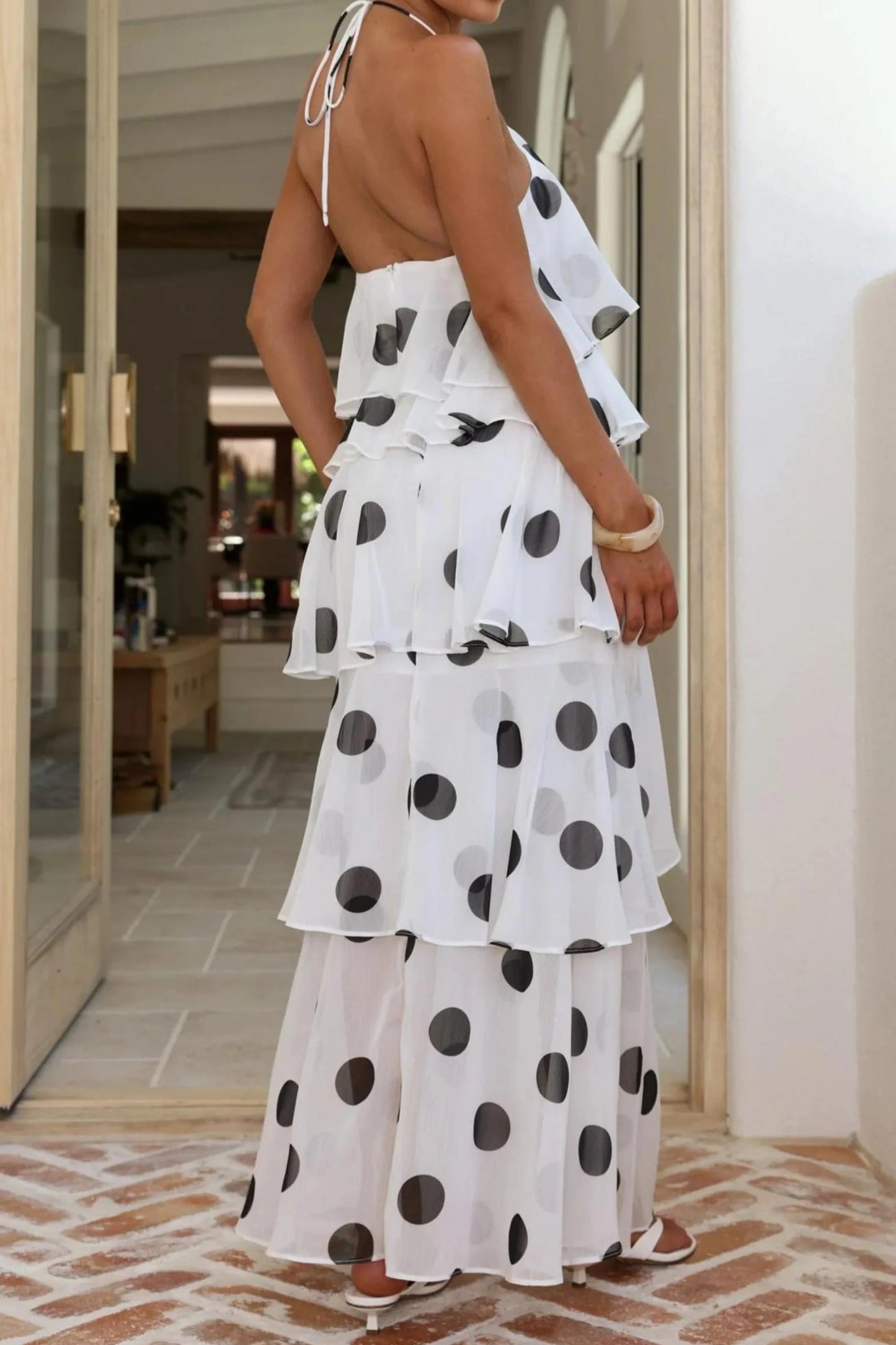 Polka Dot Halter Multi-Layer Cake Long Dress White