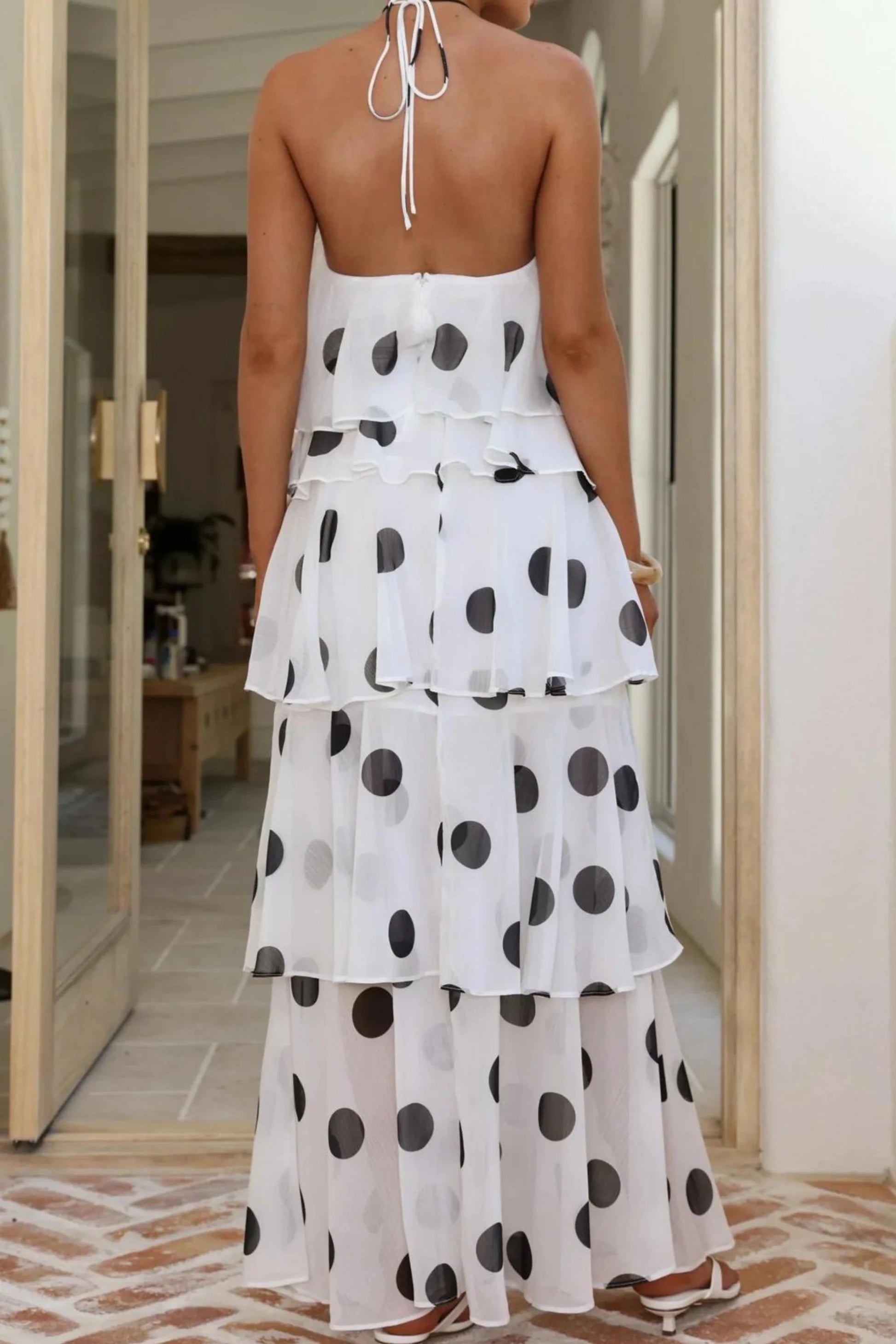 Polka Dot Halter Multi-Layer Cake Long Dress White