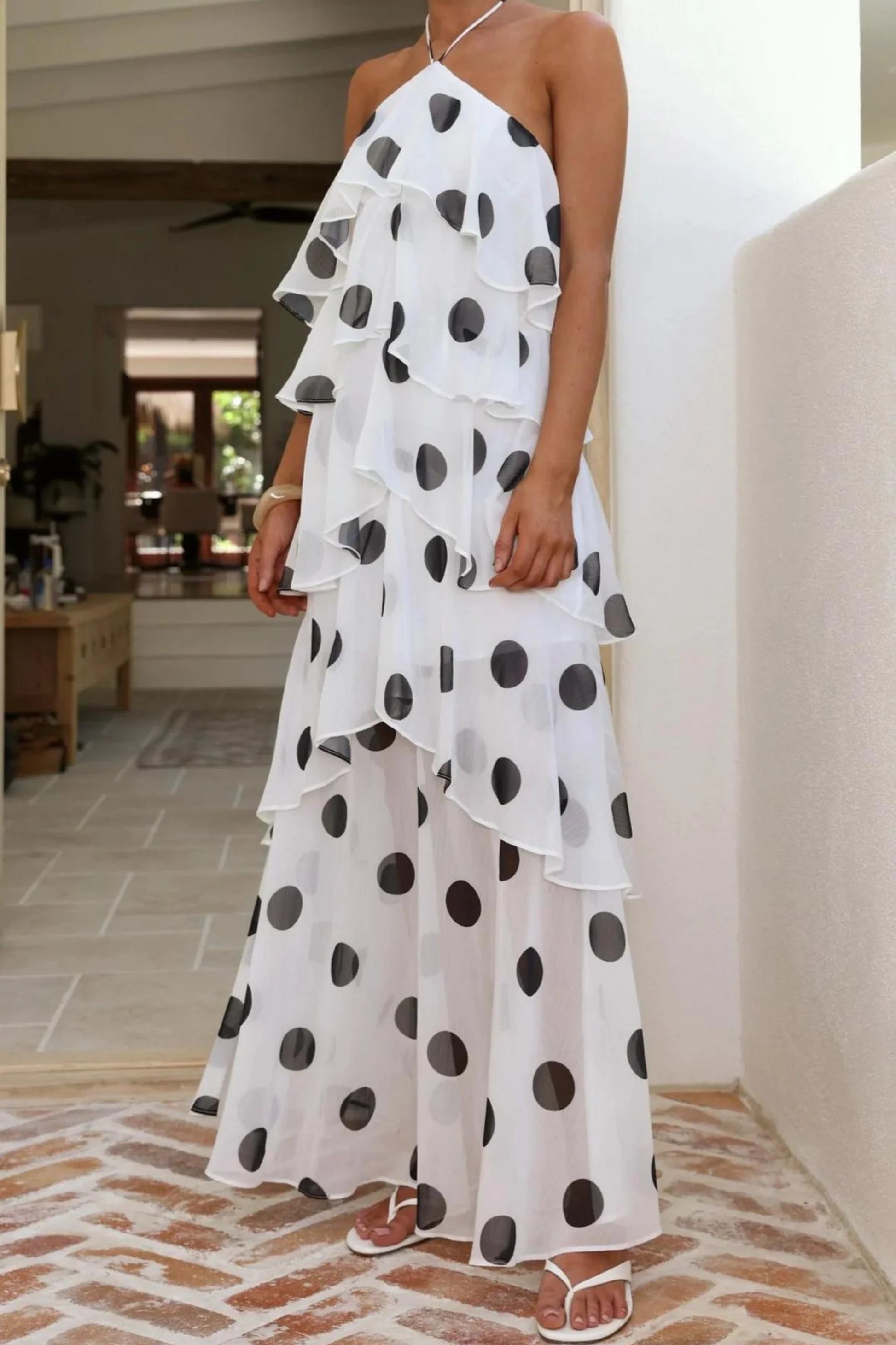Polka Dot Halter Multi-Layer Cake Long Dress White