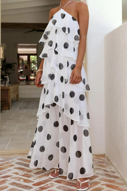 Polka Dot Halter Multi-Layer Cake Long Dress White