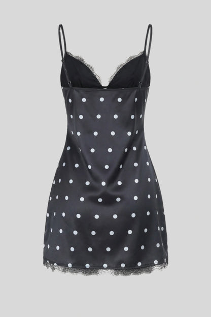 Alzya Polka Dot Satin Lace Slip DRESS Black