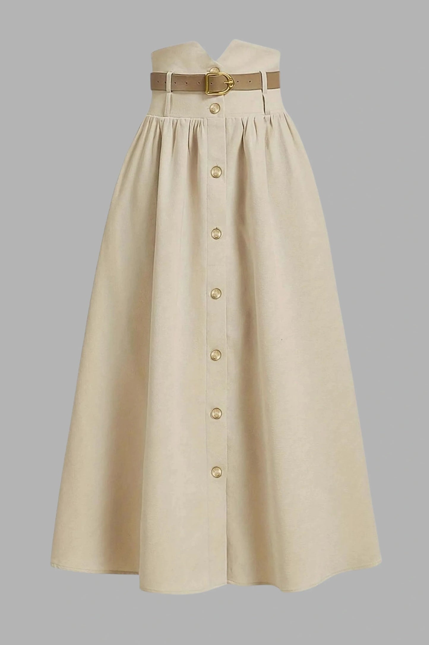 Preppy Pleated Button Midi Skirt Apricot