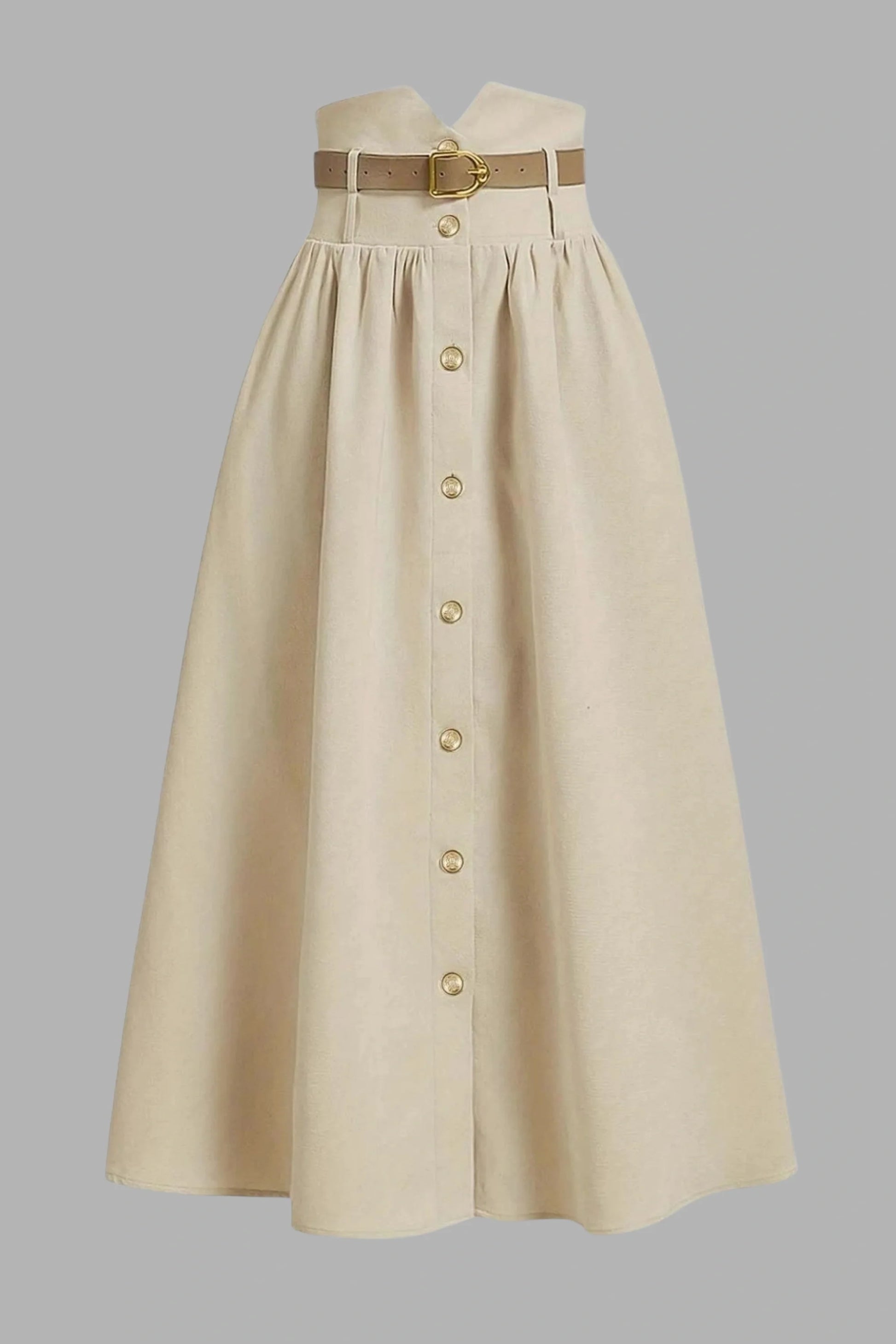 Preppy Pleated Button Midi Skirt Apricot