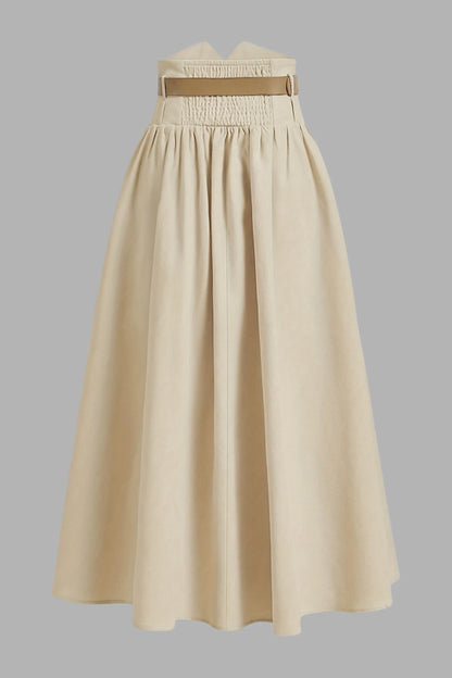 Preppy Pleated Button Midi Skirt Apricot