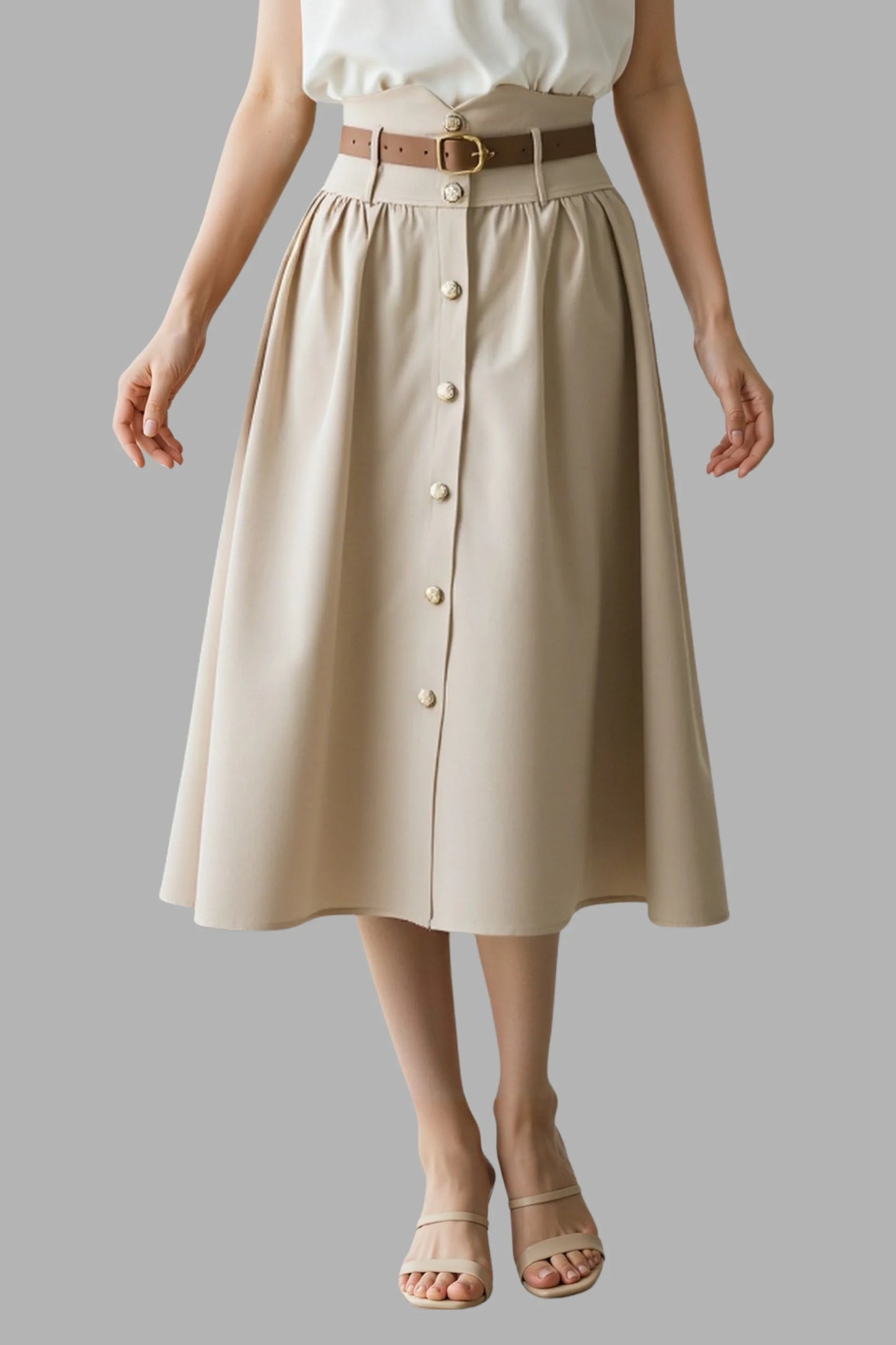 Preppy Pleated Button Midi Skirt Apricot