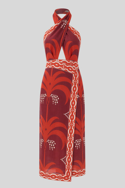 Printed Halter Cutout Midi Dress