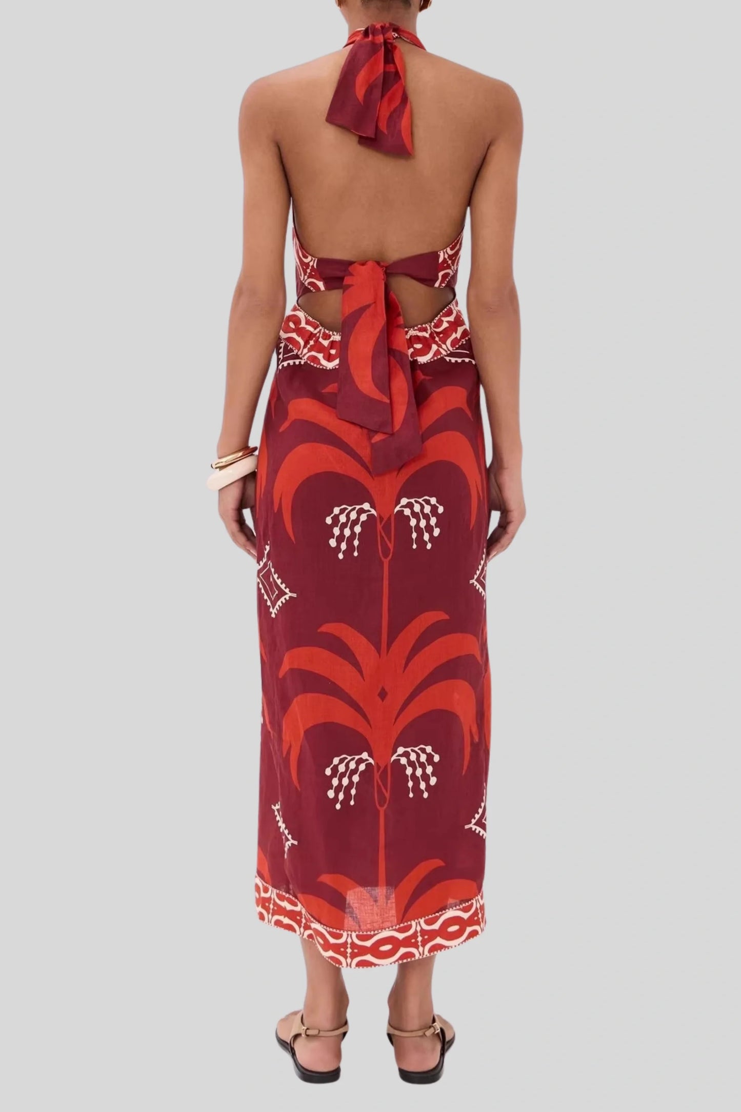 Printed Halter Cutout Midi Dress Red
