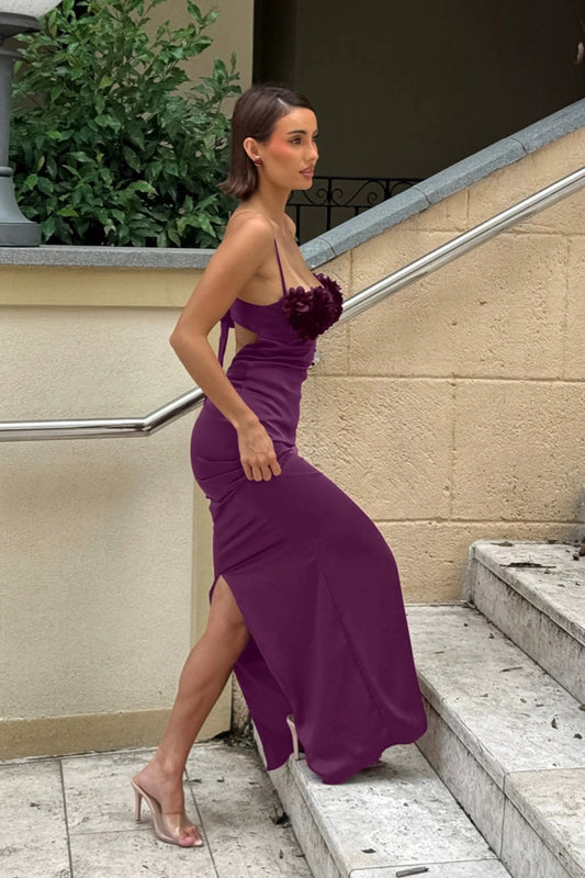 Purple Satin Rose Backless Slip Long Dress Purple