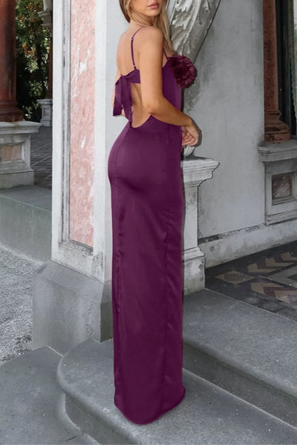 Purple Satin Rose Backless Slip Long Dress Purple