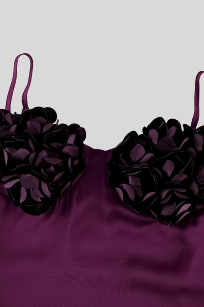 Purple Satin Rose Backless Slip Long Dress Purple