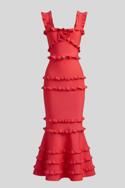 Red Ruffle 3D Rose Mermaid Maxi Dress Red