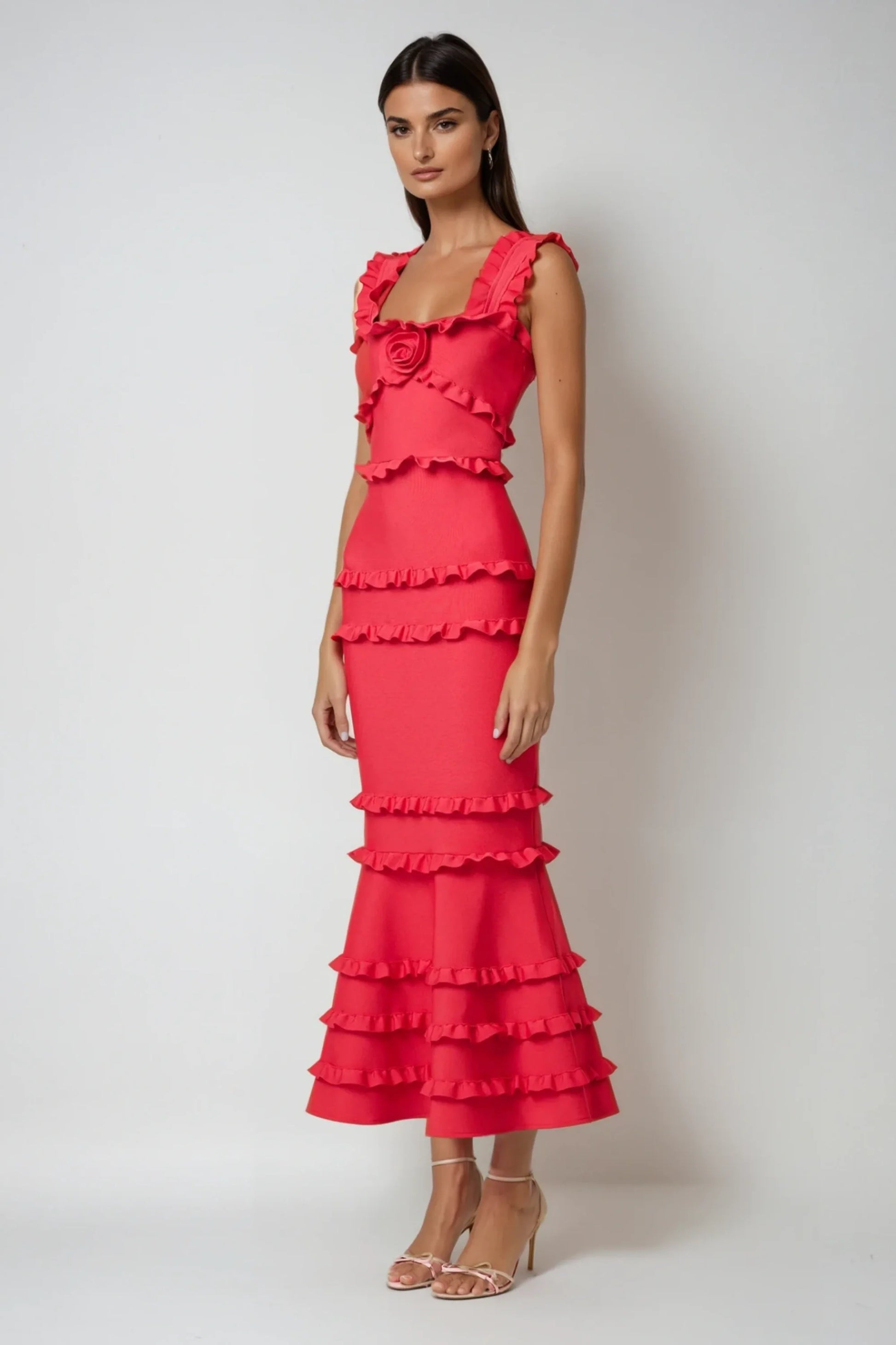 Red Ruffle 3D Rose Mermaid Maxi Dress Red