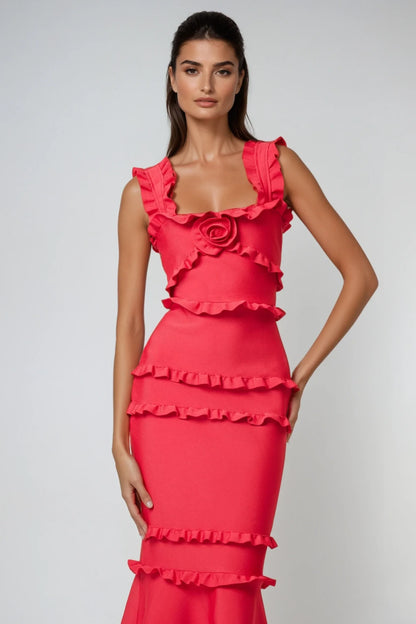 Red Ruffle 3D Rose Mermaid Maxi Dress Red