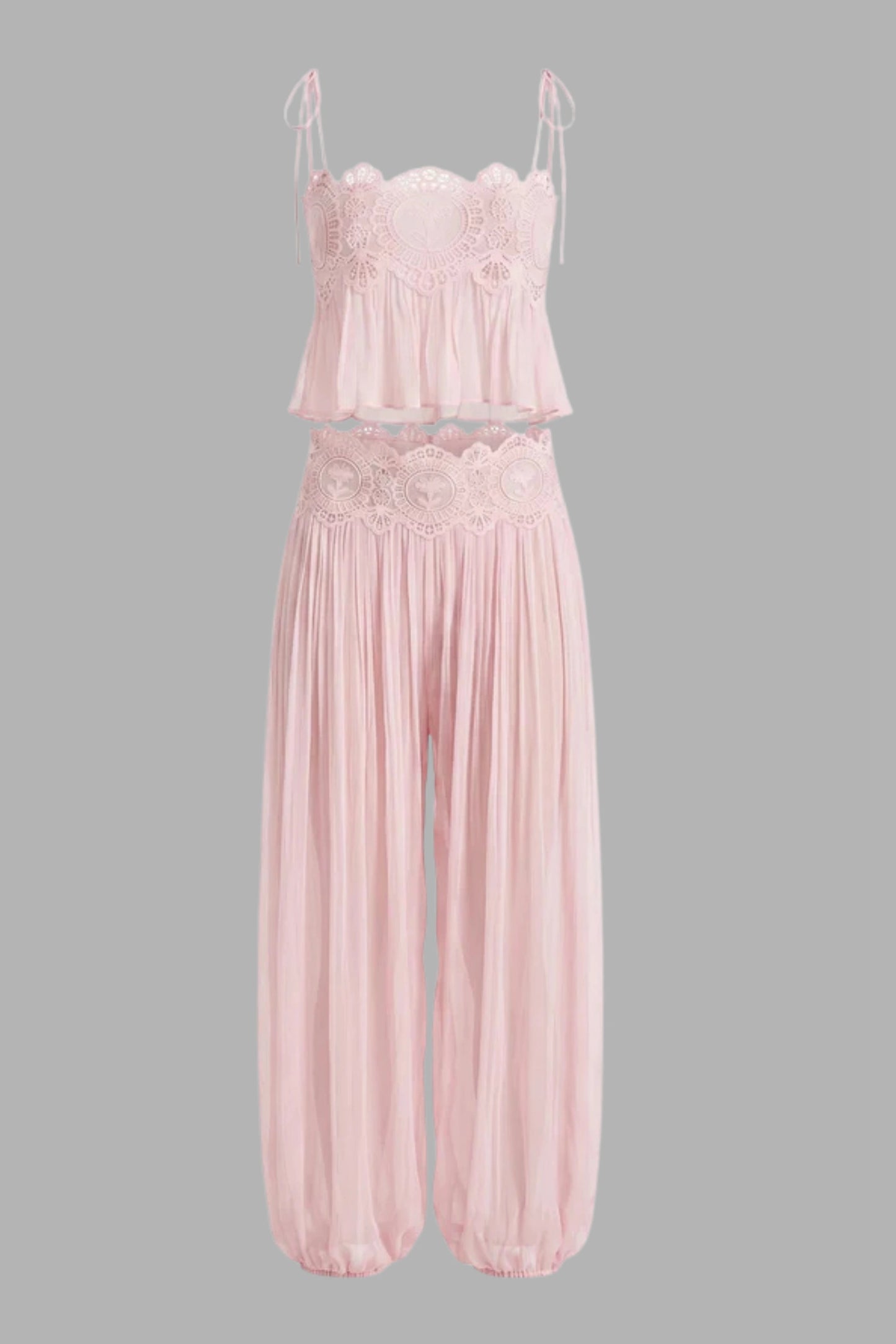 Retro Chiffon Pleated Pants Set with Lace Details Pink