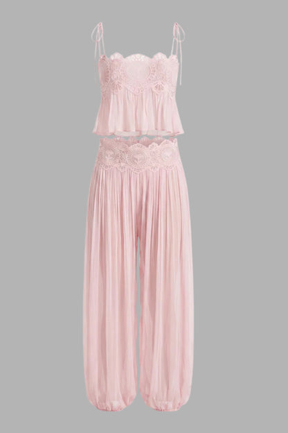 Retro Chiffon Pleated Pants Set with Lace Details Pink