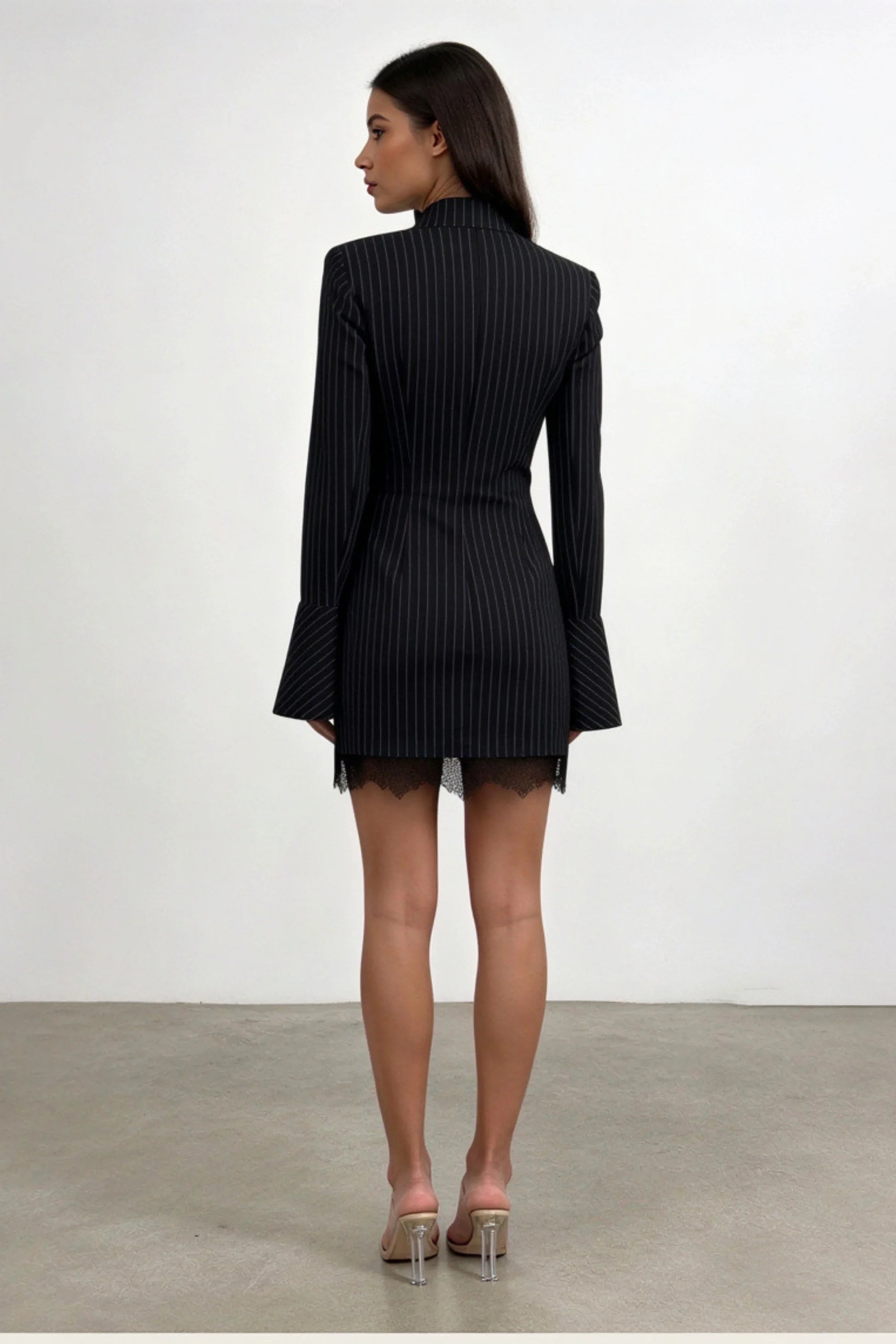 Retro Lace Striped Mock Neck Mini Dress with Bell Sleeves Black