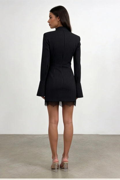 Retro Lace Striped Mock Neck Mini Dress with Bell Sleeves Black