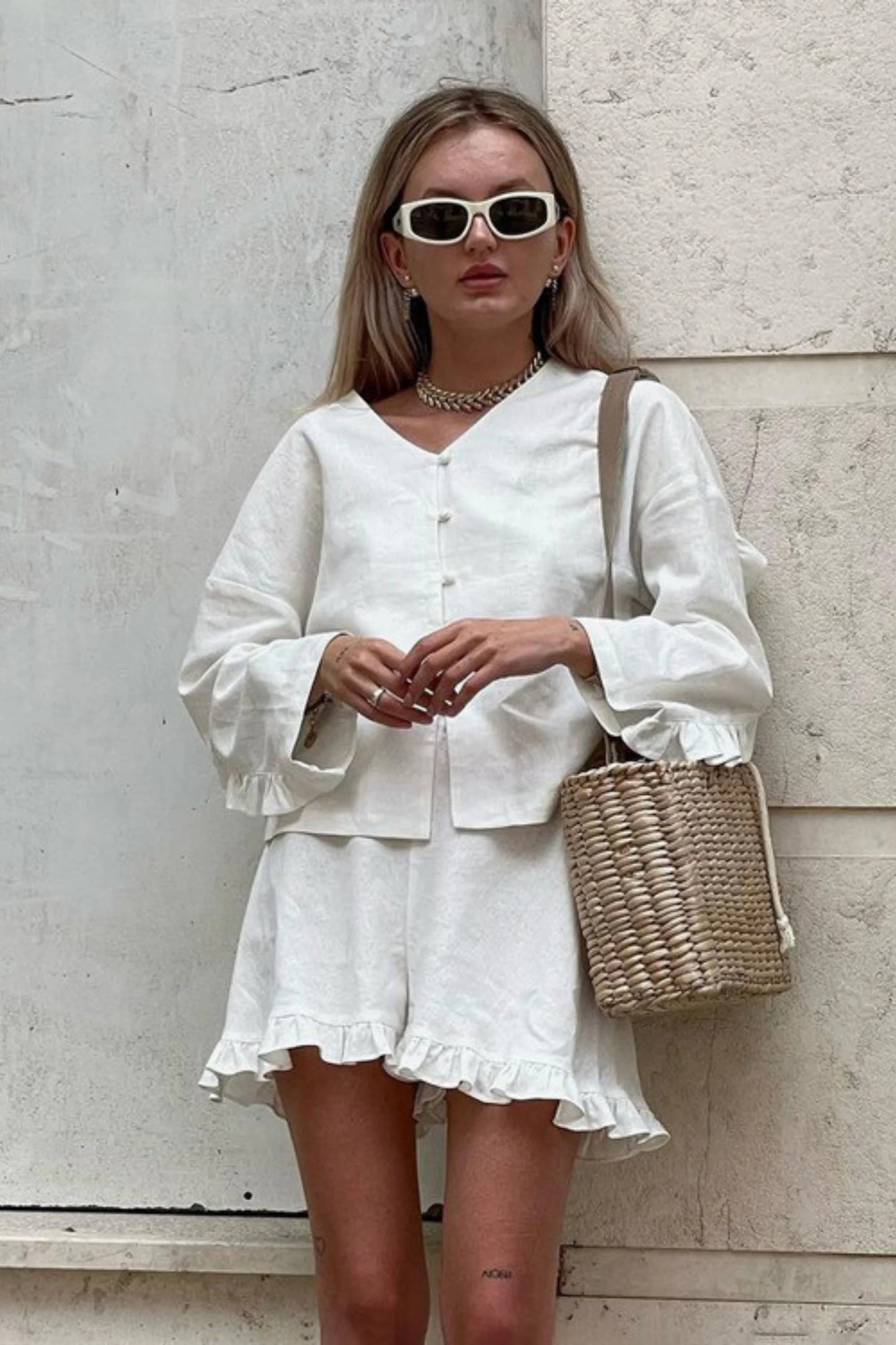 Beige Ruffle Long Sleeve Short Set Beige