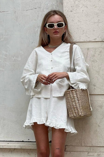 Beige Ruffle Long Sleeve Short Set Beige