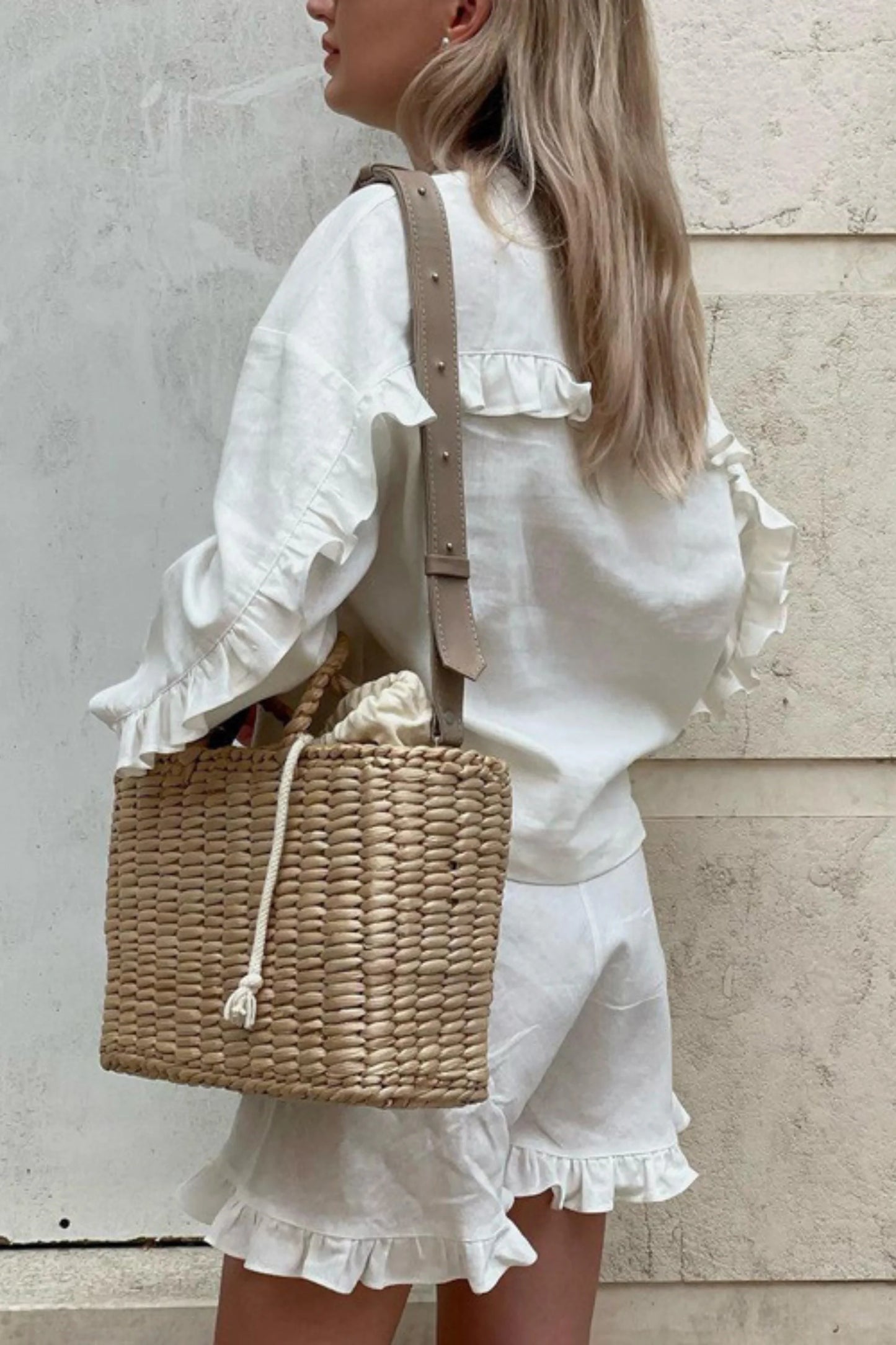 Beige Ruffle Long Sleeve Short Set Beige