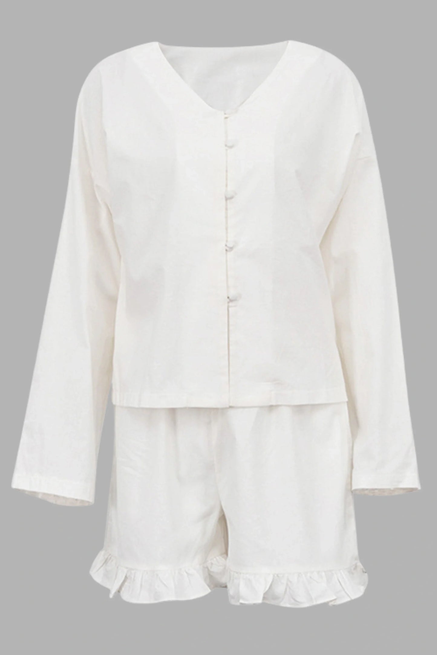 Beige Ruffle Long Sleeve Short Set Beige