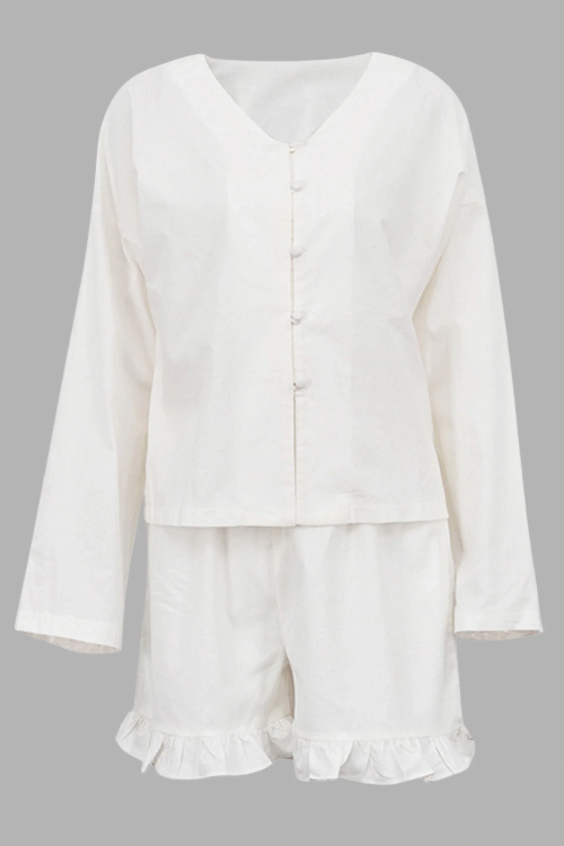 Beige Ruffle Long Sleeve Short Set Beige
