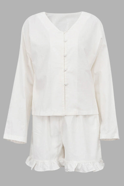 Beige Ruffle Long Sleeve Short Set Beige