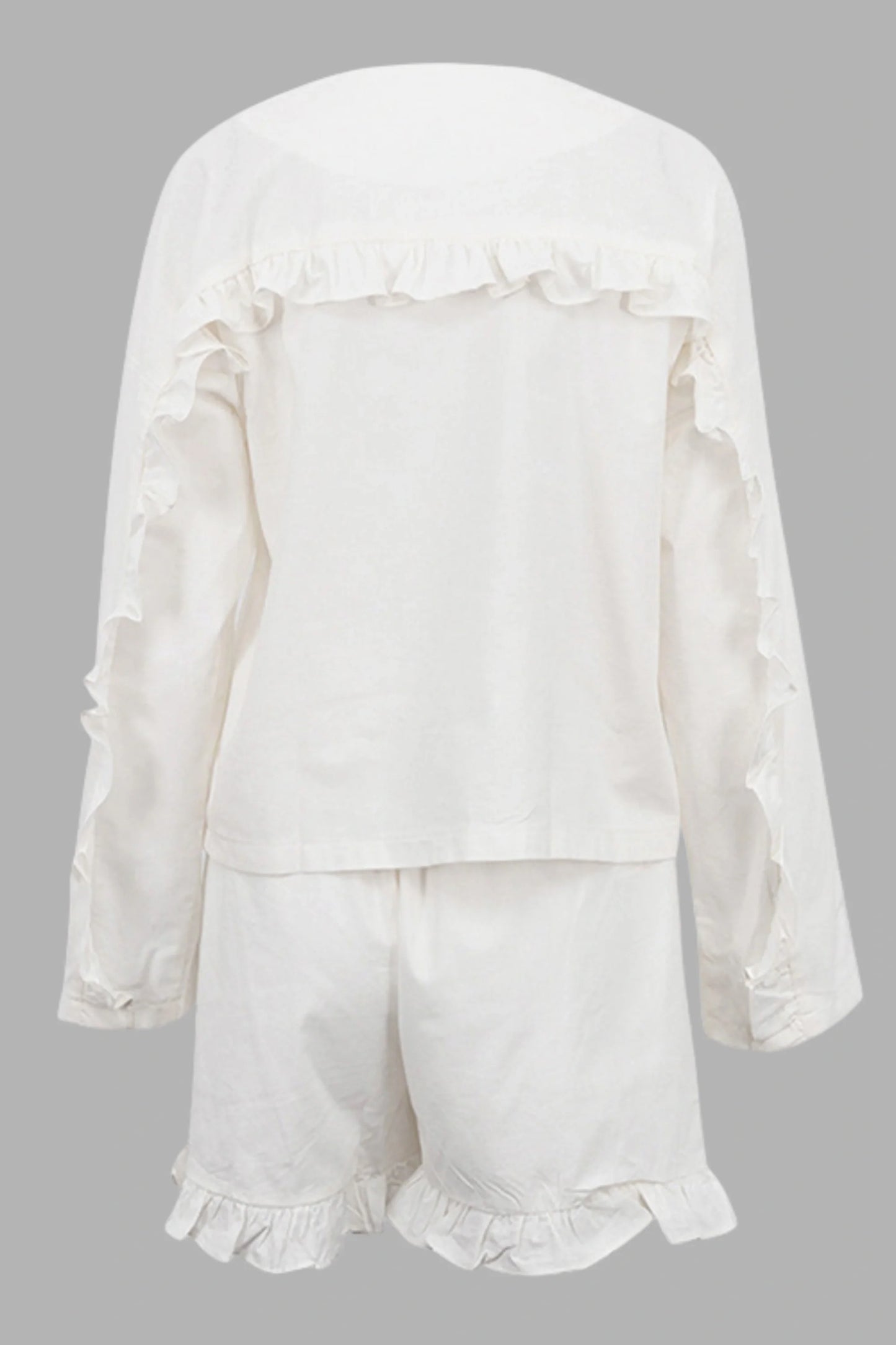 Beige Ruffle Long Sleeve Short Set Beige