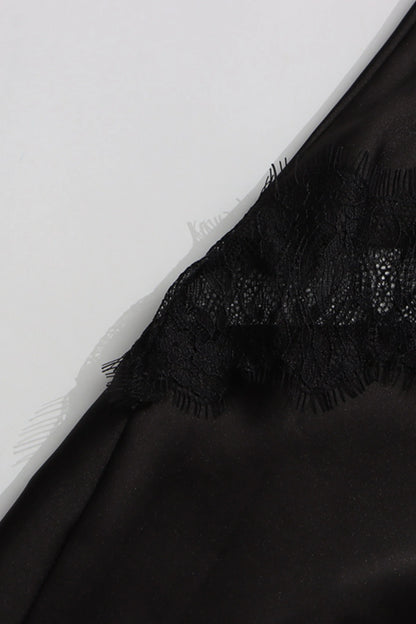 Satin Lace Slit Midi Skirt Black