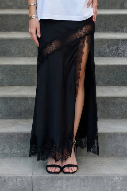 Satin Lace Slit Midi Skirt Black