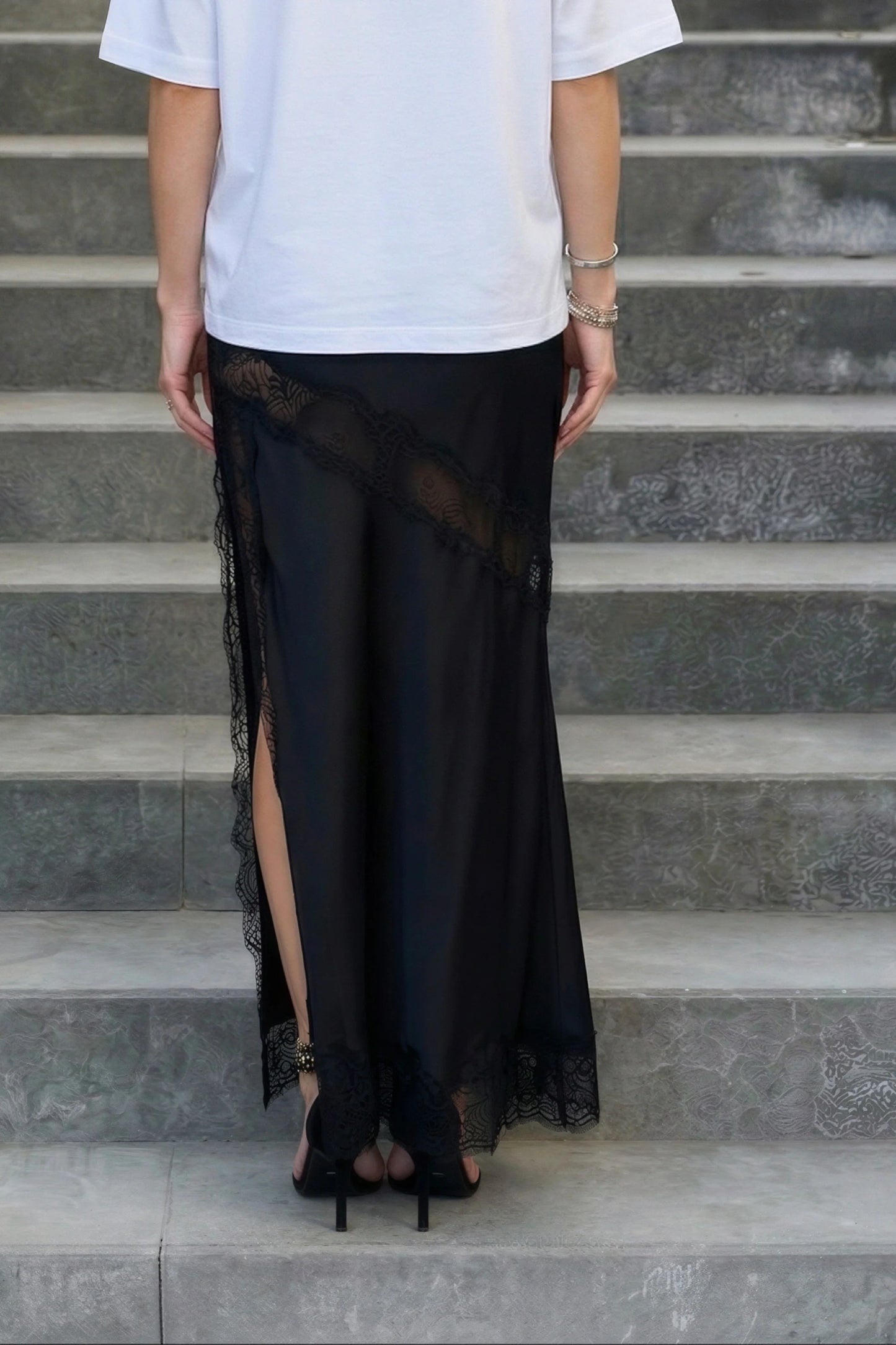 Satin Lace Slit Midi Skirt Black