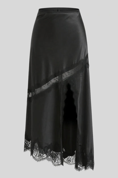 Satin Lace Slit Midi Skirt Black