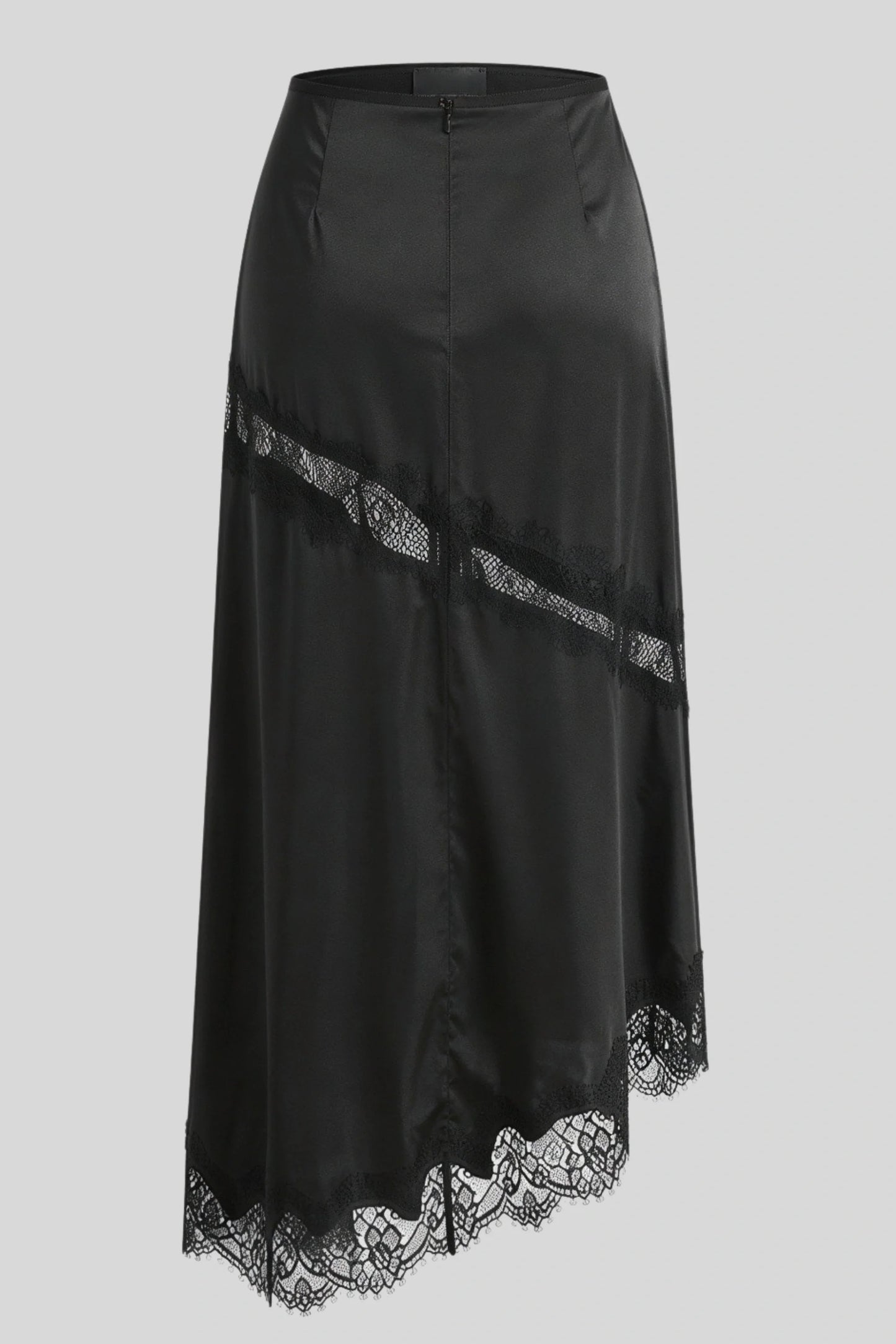 Satin Lace Slit Midi Skirt Black
