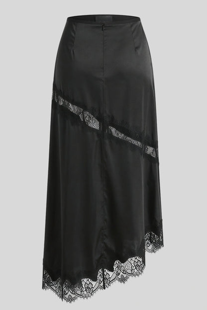Satin Lace Slit Midi Skirt Black