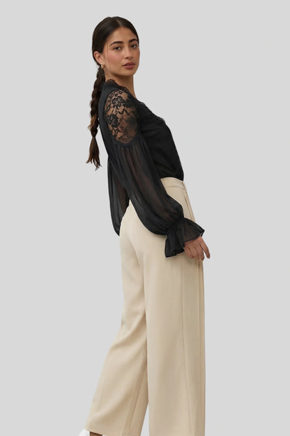 Alzya Sheer Lace Long Sleeve Blouse Black