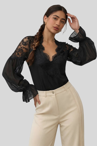 Alzya Sheer Lace Long Sleeve Blouse Black